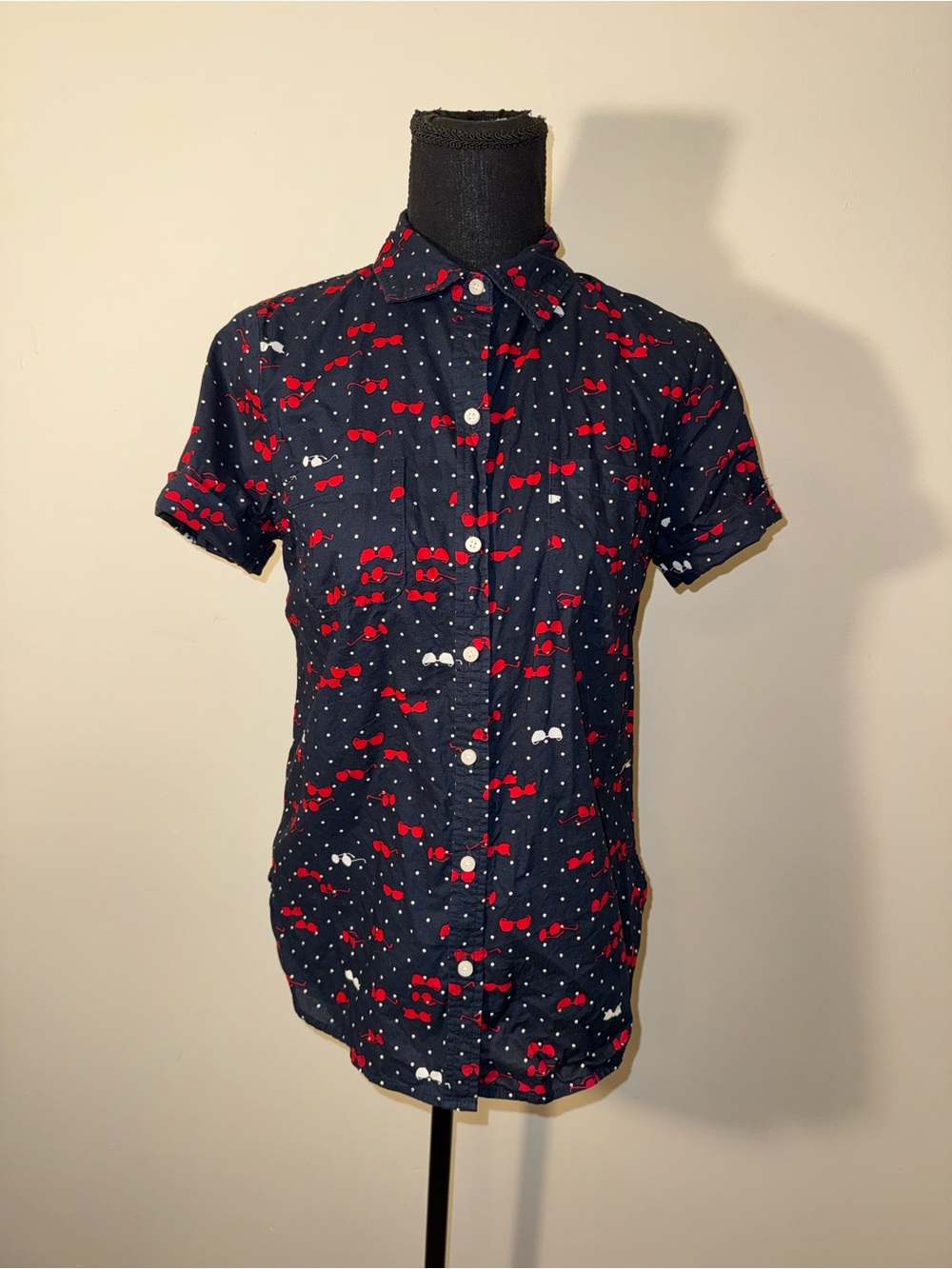 Tommy Hilfiger Size XS Button Down Navy Shirt With Sunglasses All Over